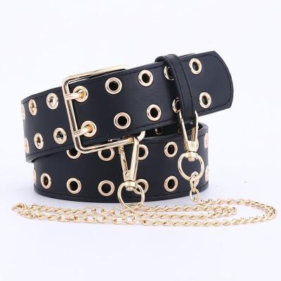 China Casual Two Row Women PU Leather Chain Belt 3.6cm Full Hole Gold Buckle Fashion Ladies Black Belt 3.6cm for sale