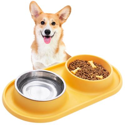 China Double Viable Kitten Puppy Feeder Non-Slip 2 In 1 Set Stainless Steel Pet Feeder Slow Bowls for sale