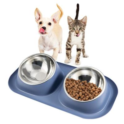 China Sustainable Elevated Pet Bowls Set With Double Stainless Steel Bowls Non Slip Elevated Cat Bowl For Feeding And Watering for sale