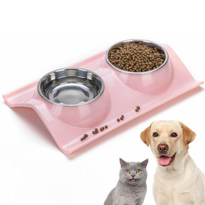 China Sustainable Dog Cat Elevated Non Spill Feeder Bowl Non Skid Removable Double Stainless Steel Pet Bowls for sale