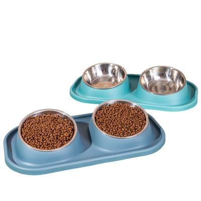 China Sustainable Cat Feeder Bowl Non Skid Double Dog Stainless Steel Rolls 15 Degree Slanted Raised Double Dog Bowls for sale