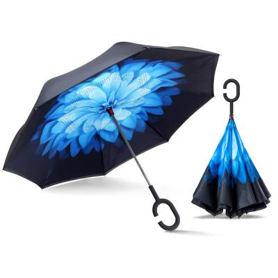 China 2021 Modern C Handle Compact OEM Design Custom Printing Reverse Inverted UV Two Layer Umbrella For Car for sale