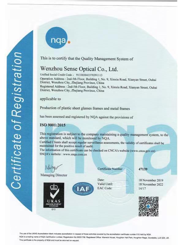 ISO9001 - Wenzhou Sense Optical Co., Ltd.