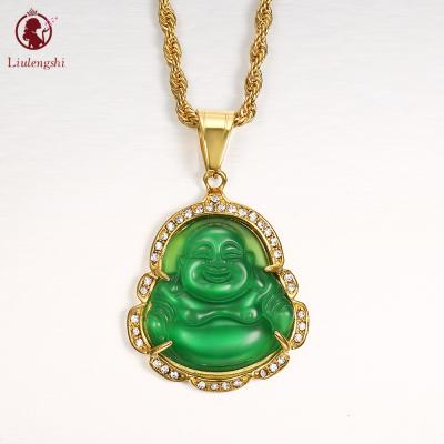 China Hiphop Stainless Steel Crystal Laughing Maitreya Religious Jade Buddha Pendant Necklace for sale