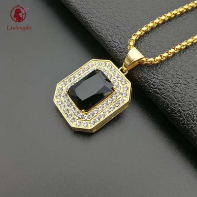 China Hot Sale Hiphop Hips Hops Black Cubic Zirconia Gem Pendant Necklace Crystal Necklace Stainless Steel Square CZ for sale