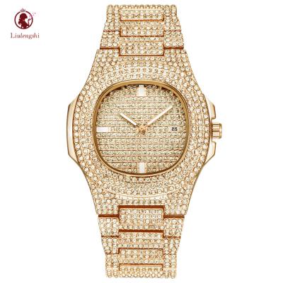 China Auto Date Fashion High Quality Gold Plated Diamond Iced Out Crystal Quartz Mens Luxury Square Wrist Relojes Watch For Men for sale