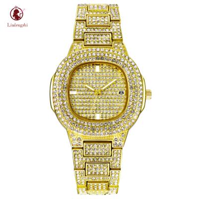 China Luxury Ladies Bling Bling Crystal Quartz Square Women Watch Auto Date Rhinestones Watches Women Diamond Iced Out Gold Watch for sale