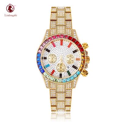 China 2021 New Arrival Fashion Rhinestone Hip Hop Stainless Steel Male Colorful Watches Diamond Quartz Analog Wrist Watches Date Automatic Mens for sale