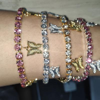 China 2020 New Hiphop Gold Tennis Chain Bracelet Women Jewelry Charm Crystal Rhinestone Diamond Butterfly Bracelet for sale