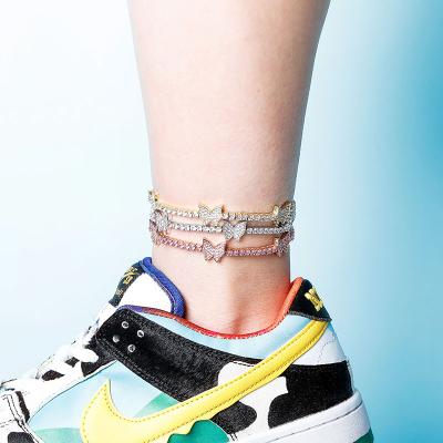 China 2020 New Arrival Hiphop Bling Woman Butterfly CZ Tennis Anklet Iced Out Female Hitter Anklets Jewelry for sale