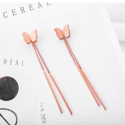 China Cute Ladies Long Bar Stick Dangle Earrings Rose Gold Plated Stainless Steel Butterfly Earrings for sale