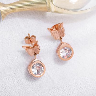 China Cute 14K Gold Plated Rub Stainless Steel Zircon Butterfly Drop Dangle Earring for sale