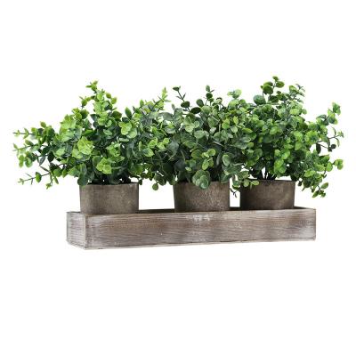 China Hot Sale 3pcs Mini Wooden Base Potted Plants Gift Set Flower Pots Artificial Flowers Green Plants for sale