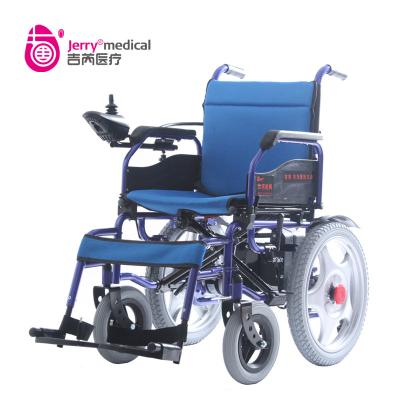 China 10’’ Front Tire Small Portable Electric Wheelchair Detachable Footrest With Blue Cushion for sale