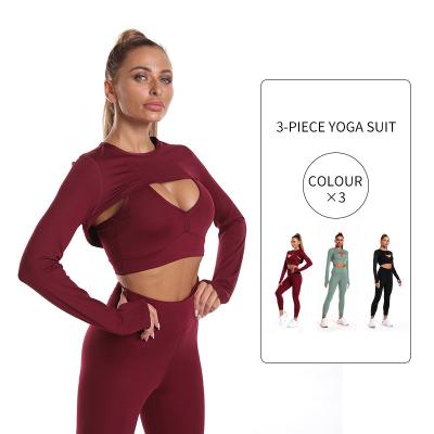 China S-XL Autumn Winter Breathable Women Yoga Set 3Pcs Sports Seamless Gym Gaiters Long Sleeve Top Crop Jacket Fitness Sportswear Tracksuit for sale