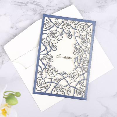 China Europe Style Korean Rsvp Wedding Invitations Blue Rose Laser Cut Wedding Invitations for sale