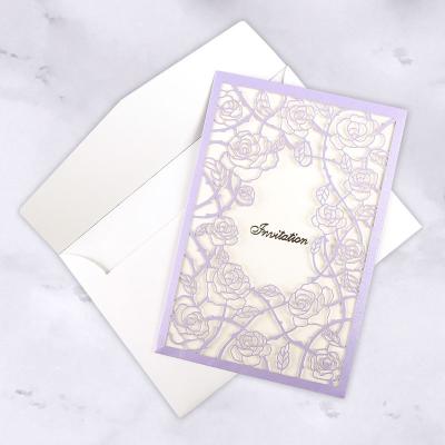 China Europe Purple Rose Wedding Invitations , Laser Engraving Paper Wedding Invitations for sale