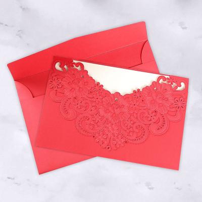 China Europe Chinese Red Floral Laser Cut Wedding Invitation Card for sale