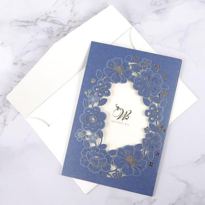 China Blue Europe Luxury Wedding Invitation Cards Personalized Laser Cut Hindu Wedding Card for sale