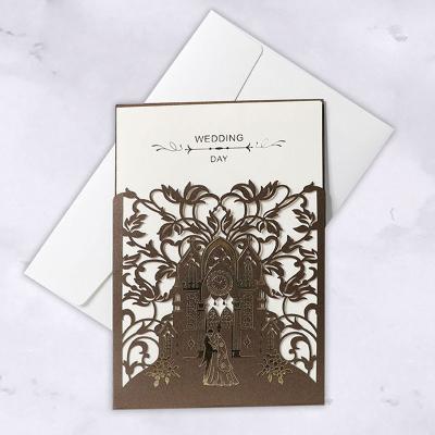 China European Pearl Paper Laser Cut Simple Gold Stamping Wedding Cards With Envelope for sale