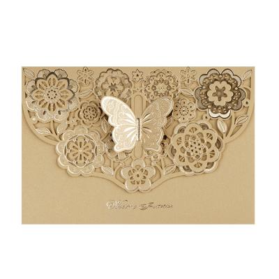 China Europe Customized 3D Butterfly Design Wedding Card Gold Glitter Wedding Invitation for sale