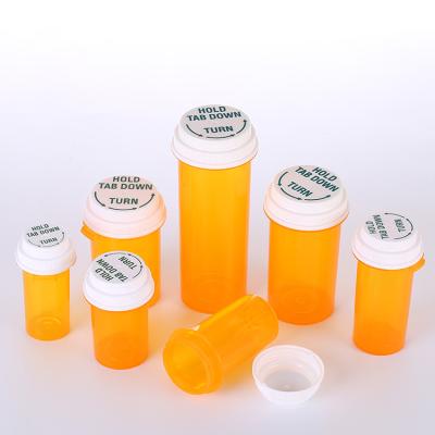 China Hot Selling Medicine Hold 30DR Amber Plastic Reversible Label Down Turn Thumb Label Vials Thumb Click Vial for sale