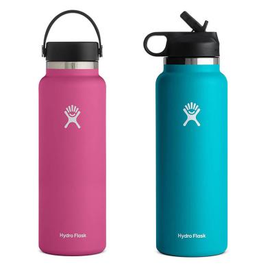 China Hot Sale 32oz 40oz Wide Mouth Stocked Flex Cap Stainless Steel Vacuum Water Bottle Insulated HydroFlask With Straw Lid Two Lids for sale