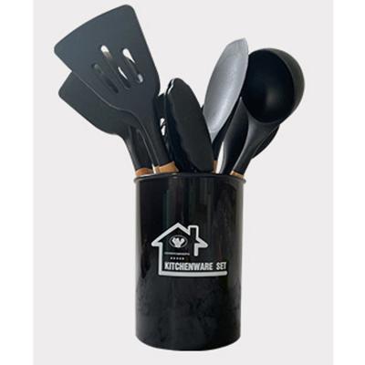 China Viable Turkish Black Kitchen Accessories Utensils 12 Pieces For Cooking Tools Silicone Wooden Spoons Set for sale