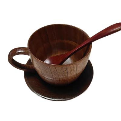 China Tea Beer Coffee Coffee Handle Mug Sustainable Eco Friendly Natural Wooden Mug Set With Wooden Bottom And Spoon for sale