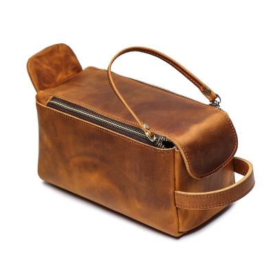 China Wholesale Custom Hot Branding Good Quality Cowhide Fashion Leather Zipper Handle Small Bag Real Leather Women Washing Storage Bag for sale