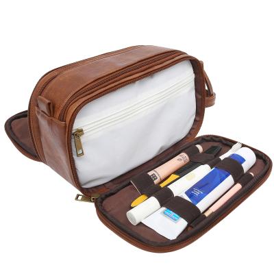 China Retro Vintage Design Stylish Unisex Make Up Bag Fake Cosmetic Leather Wash Toiletry Bag For Travel Make Up Bag Organizer for sale