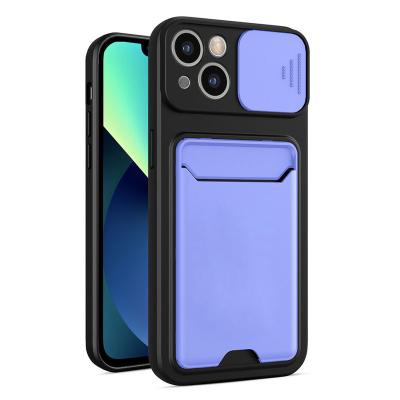 China Shockproof Back Phone Accessories Cover For Iphone 14 2 In 1 Hybrid Slide Camera Card Slot Wallet Bag Fashion Cell Phone Case for sale