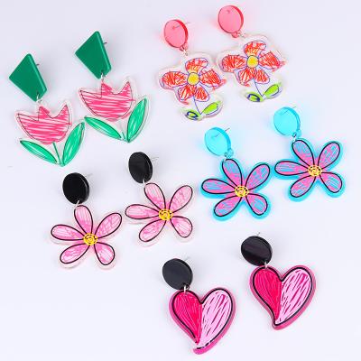 China Lovely Flower Polymer Clay Jewelry Earrings Cute Colorful Acrylic Printed Resin Ear Studs Colorful Acrylic Printed Polymer Clay Cute Earrings for sale