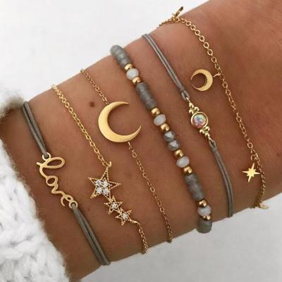 China TRENDY Woman Screw Bracelet 6 Pieces Letter Pendant Bracelet Moon Star Alloy Set Beads Stylish Woven Bracelets Couples for sale