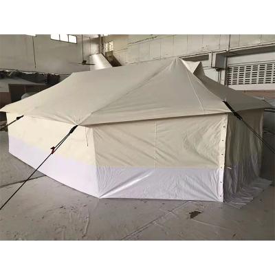 China Straight Tether Type 4x4m White Waterproof Canvas Tent 5 People Refugee Family Tent With Ground Leaf And Mosquito Mesh for sale