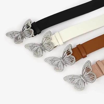 China Hot High Quality Style Fashion PU Belt Elastic Band Belt Pin Butterfly Metal Buckles Ladies Color Material Leather Belt for sale