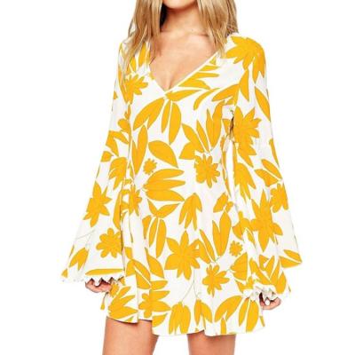 China Women Anti-Static Deep Casual Floral Printing Long Sleeve V-Neck Women's Loose Dresses for sale