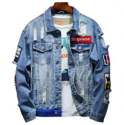 China Viable Fashion High Quality Embroidered Patch Jeans Jacket For Men Blue And Black Ripped Jaket Men for sale