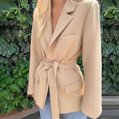 China Women's Breathable Khaki Coated Jacket Black Sashes Long Sleeve Lapel Collar Streetwear And Blazer New Autumn Winter Women Long Jackets for sale