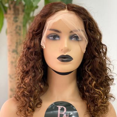 China Brazilian Ombre Brown Honey Blonde Middle T Curly Wig Front Wigs Glueless Short Bob Lace Body Wave Silky Highlight With Baby Hair for sale