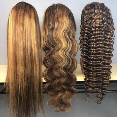 China Long Full HD 180% Lace Frontal Wig Brown Wave Hair Highlight Wigs Silky Straight Deep Curly Hair Wigs for sale