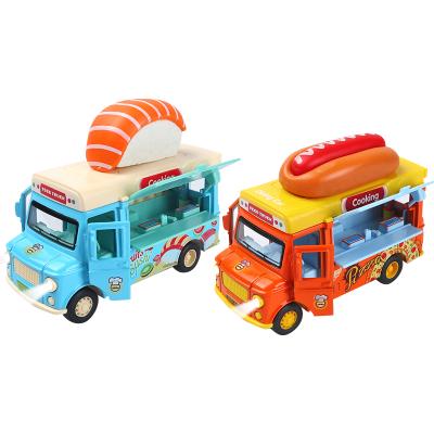 China Children's Play House Ice Cream Cart Toy Hamburger Fast Food Cart Music Pull Back Alloy Car Boys And Girls 11.5*4.5*5.2CM for sale