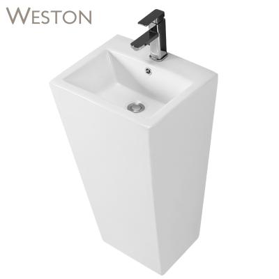 China New Design European Style Public Hand Wash Free Standing Pedestal Sink Basin One Piece Home Free Standing for sale