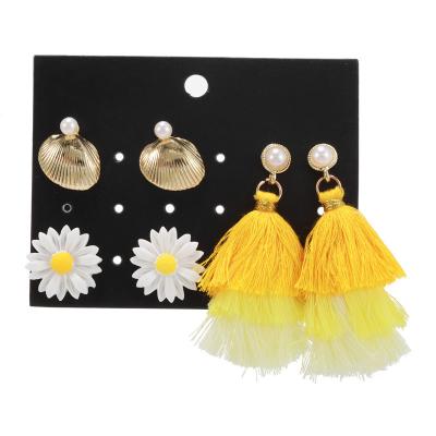 China 2020 fresh all-match Korean flower small temperament yellow tassel new 3 pairs of earring set for sale