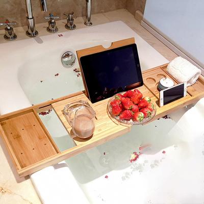 China Private Label Luxury Extendable Bathtub Trolley Wooden Trays Natural Bamboo Bathroom Bed Organizer Tray for sale