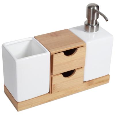 China Sustainable Beautiful Bamboo And Ceramic Above Bath Sink Set Wholesale Ceramic Bamboo Set Bath Bathroom Accessory Simply for sale