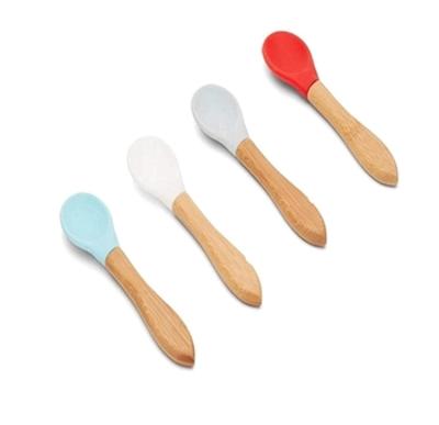 China Food Grade BPA Free Logo Wholesale Price Safety Non-Toxic Custom Bamboo Wooden Kids Handle Heart Silicone Fork Baby Silicone Spoon Set for sale