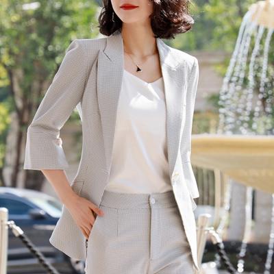 China Anti-Wrinkle Hot Sale White Plaid Office Suits Half Sleeve Professional Blazer Set Pants Two Piece Women's Business Suits for sale