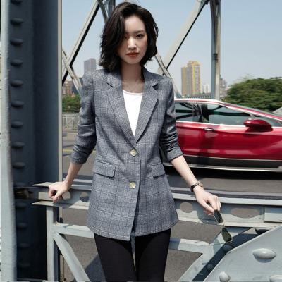 China Autumn Business Formal Ladies Jacket Vintage Anti-Wrinkle Suits Hot Sale Polyester Gray Plaid Office Plus Size Blazer Women's Suits for sale