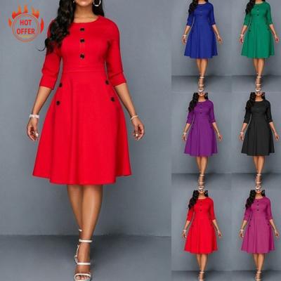 China TY20860 Anti-wrinkle new hot pretty ladies dress summer solid color O-neck three quarter sleeves women buttoned size one line party dress for sale